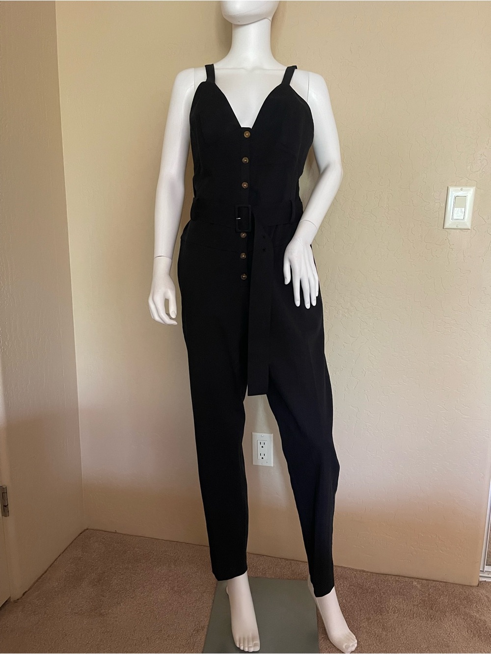 REISS Black Belted Jumpsuit Womens US 8 Wide Strap Button Front Tailored Romper